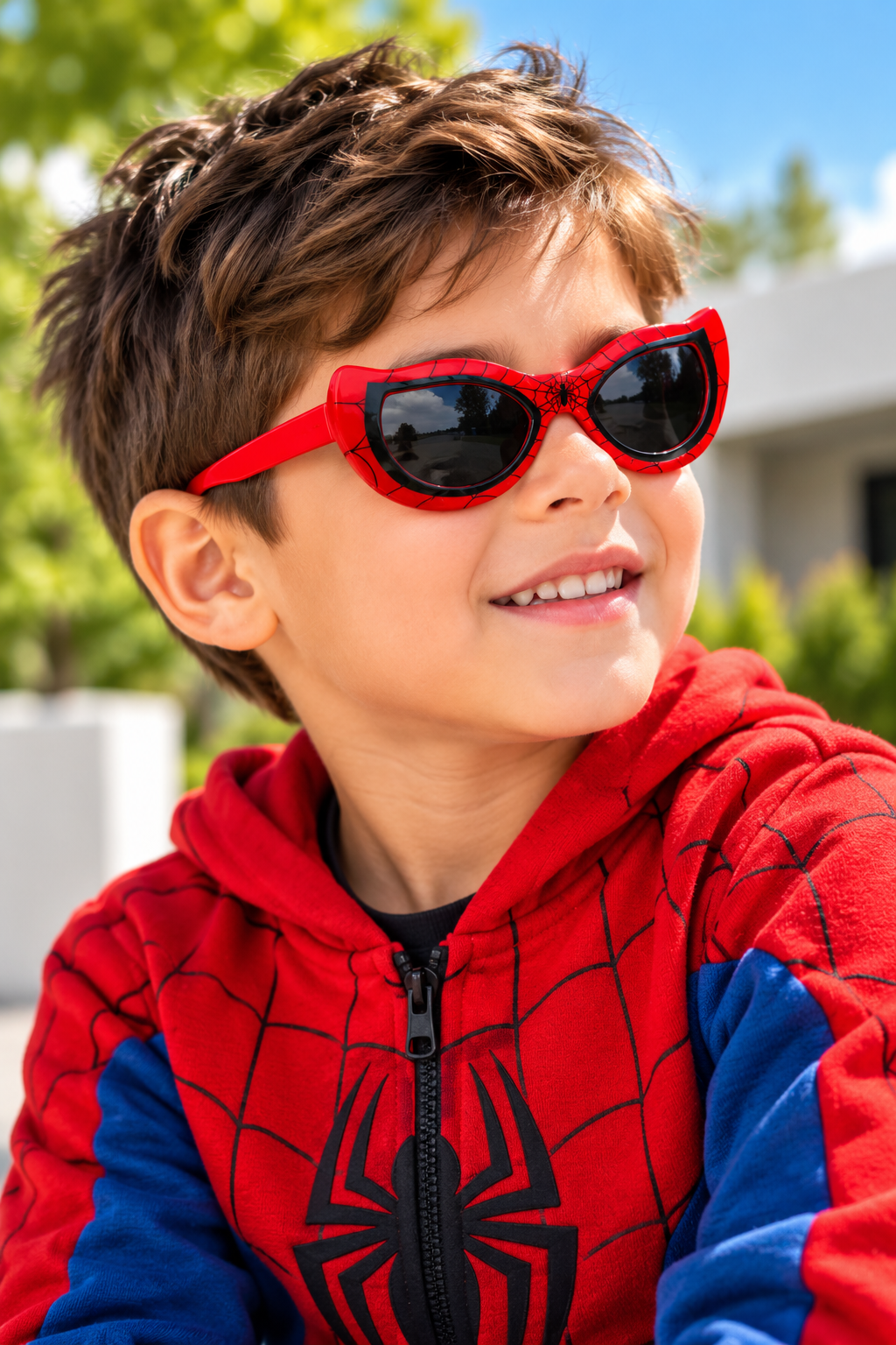 A young boy wearing red Spider-Man themed sunglasses and a red and blue Spider-Man zip-up hoodie, smiling outdoors.