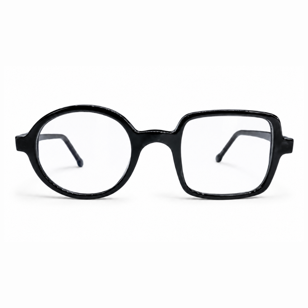 EVORA Asymmetry Premium Acetate Eyeglasses – Glossy Black | Round & Square Frame | Unisex
