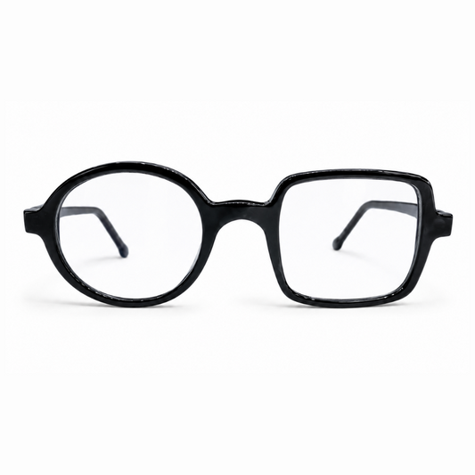 EVORA Asymmetry Premium Acetate Eyeglasses – Glossy Black | Round & Square Frame | Unisex