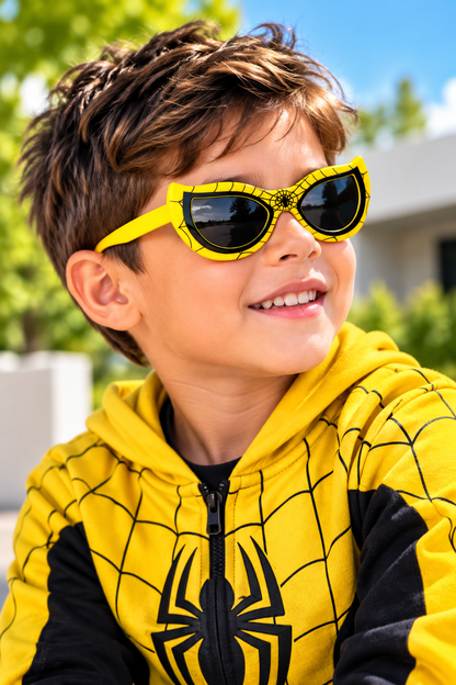 A smiling young boy wearing bright yellow spider-themed sunglasses and a yellow-and-black Spider-Man hoodie, photographed outdoors with blurred greenery and a house in the background.