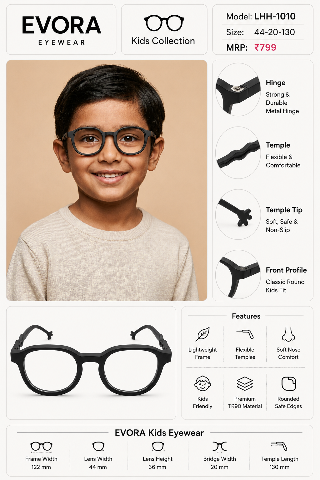 EVORA Kids Flex TR90 Eyeglasses – Matte Black | Model LHH-1010 | 44-20-130