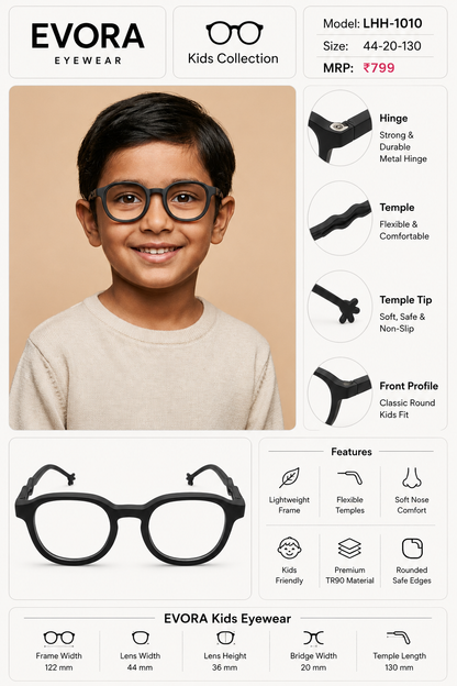 EVORA Kids Flex TR90 Eyeglasses – Matte Black | Model LHH-1010 | 44-20-130