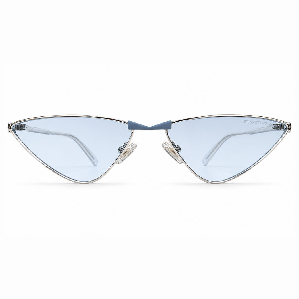 EVORA Azureé Premium Metal Cat-Eye Sunglasses – Silver Frame with Ice Blue Lenses | UV400 Protection