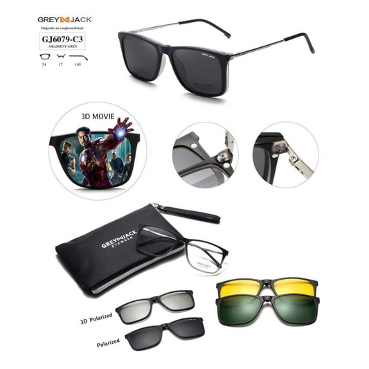 Grey Jack Clip-On Eyewear – 2-in-1 Magnetic Sunglasses | Polarized Lenses | TR90 Frame | GJ6079-C3 | Gradient Gray