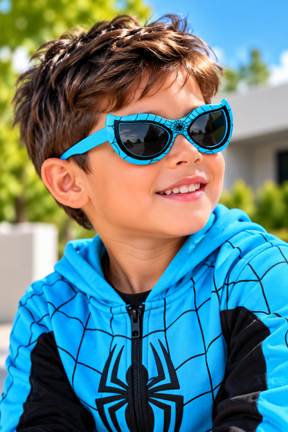 A smiling young boy wearing bright blue Spider-Man themed sunglasses and a blue and black Spider-Man hoodie, photographed outdoors with a blurred background.
