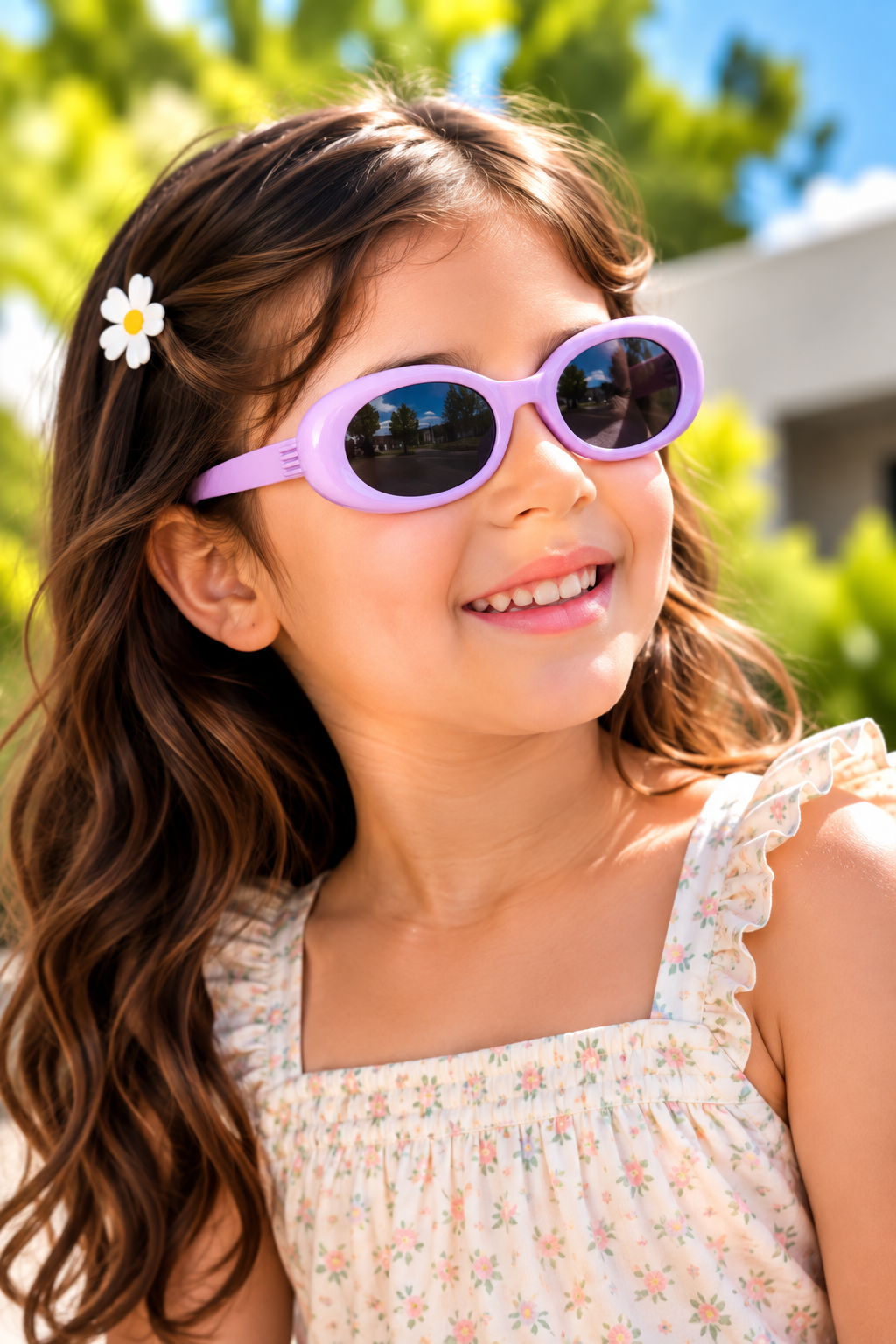 A young girl with long brown hair wearing light purple oval sunglasses and a white floral top, photographed outdoors with green foliage and a building in the background.