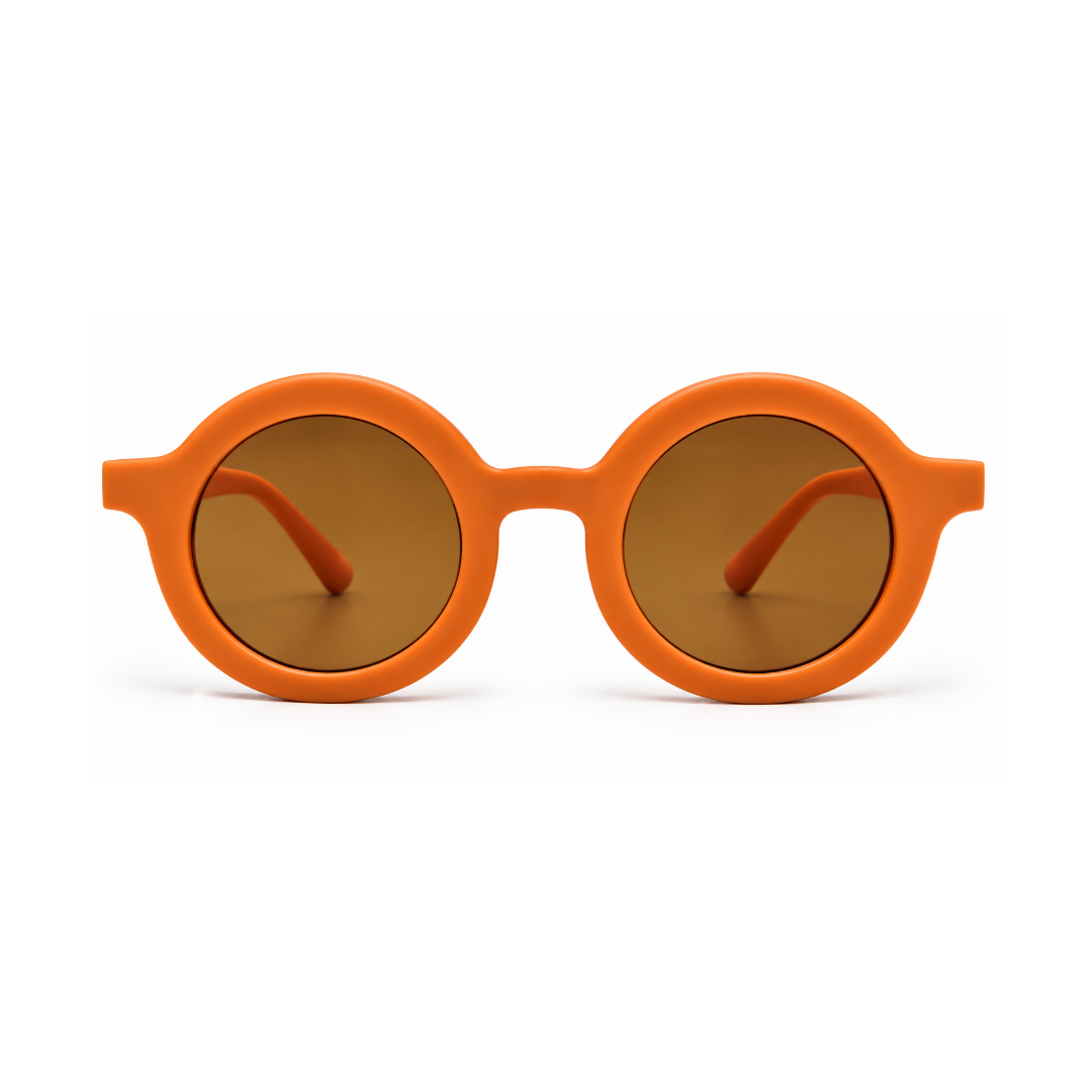 Round-frame sunglasses with a thick bright orange frame and warm brown tinted lenses, shown against a plain white background.