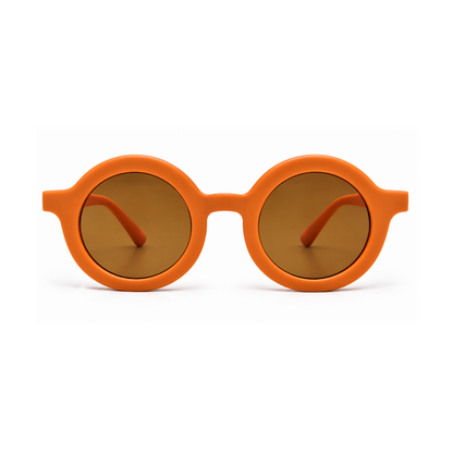 Round-frame sunglasses with a thick bright orange frame and warm brown tinted lenses, shown against a plain white background.