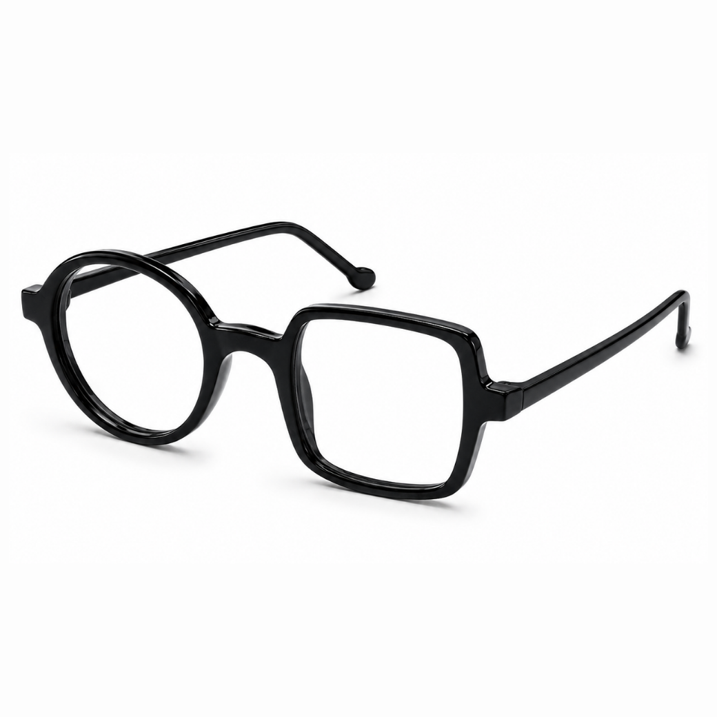 EVORA Asymmetry Premium Acetate Eyeglasses – Glossy Black | Round & Square Frame | Unisex