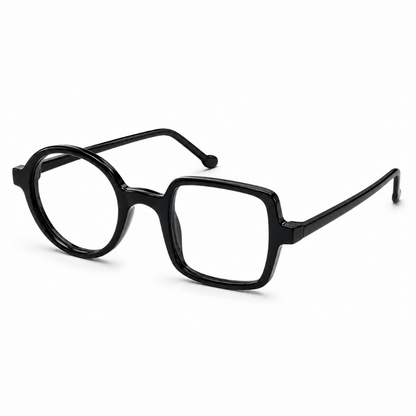 EVORA Asymmetry Premium Acetate Eyeglasses – Glossy Black | Round & Square Frame | Unisex