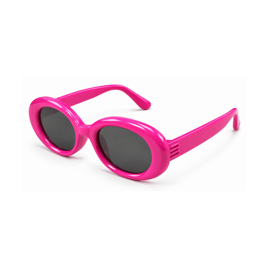 Bright pink oval sunglasses with dark gray lenses and matching pink temples, shown on a clean white background.
