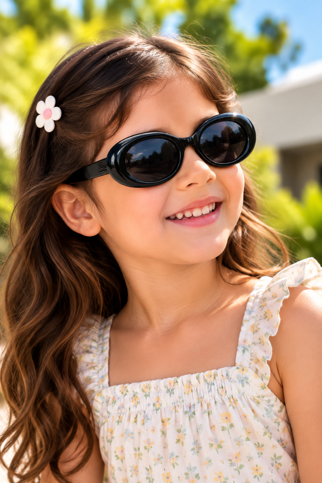 A young girl with long brown hair wearing black oval sunglasses and a white floral top, photographed outdoors with a blurred green background.