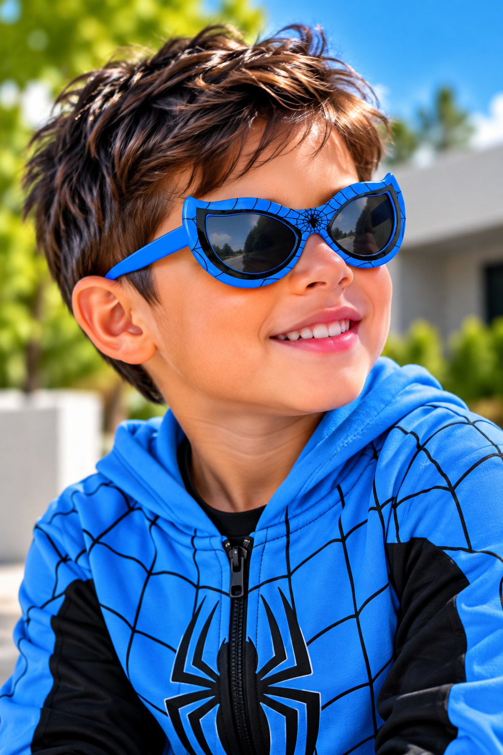 A smiling young boy wearing bright blue Spider-Man themed sunglasses and a blue and black Spider-Man hoodie, photographed outdoors in bright sunlight.