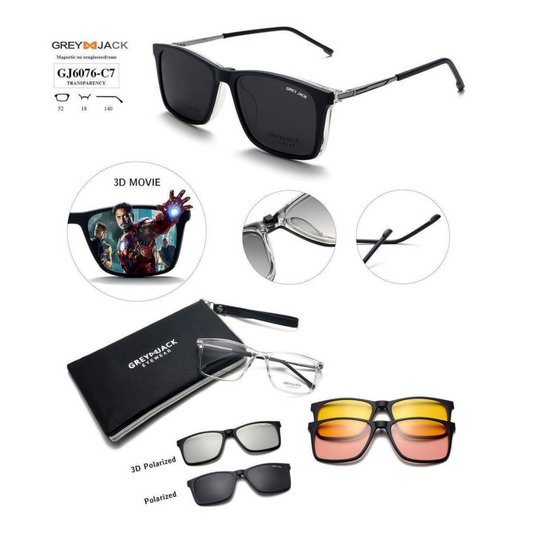 Grey Jack Clip-On Eyewear – 2-in-1 Magnetic Sunglasses | Polarized Lenses | TR90 Frame | GJ6076-C7 | Transparency