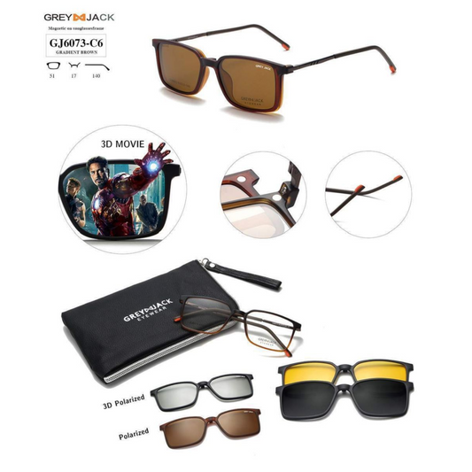 Grey Jack Clip-On Eyewear – 2-in-1 Magnetic Sunglasses | Polarized Lenses | TR90 Frame | GJ6073-C6 | Gradient Brown