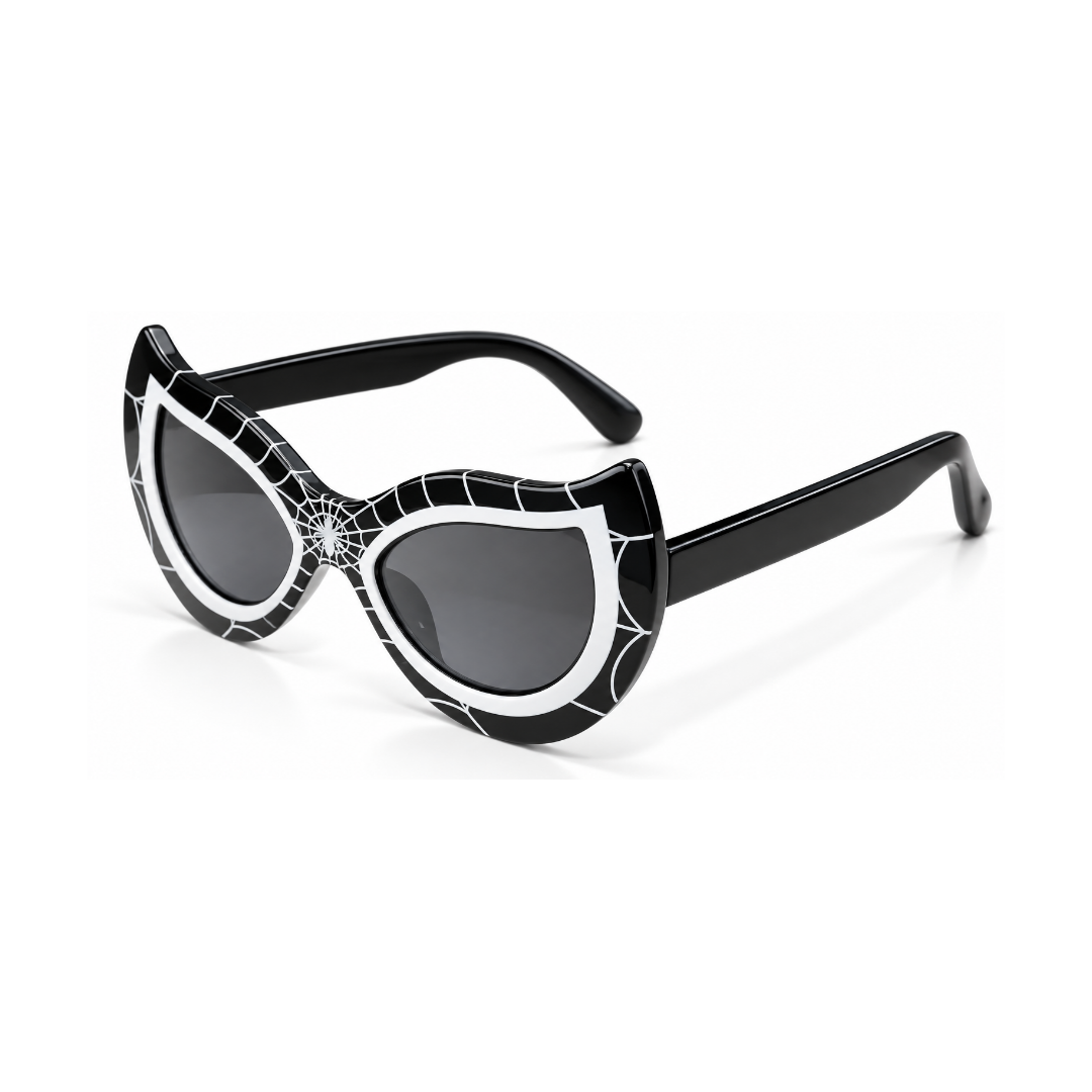 Black and white cat-eye sunglasses with a spiderweb pattern on the front, dark gray lenses, and black temples, shown on a clean white background.