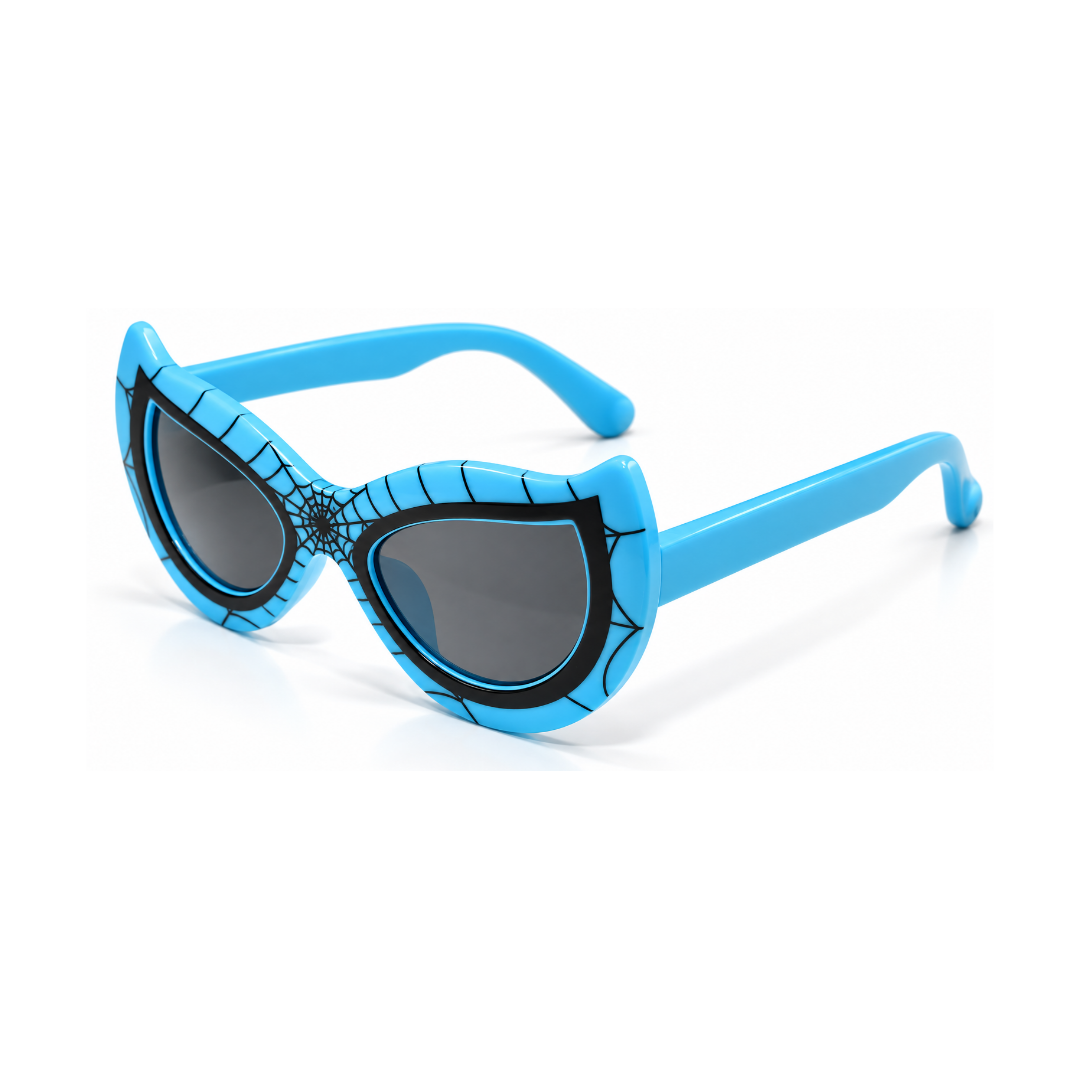 Blue cat-eye sunglasses with a black spiderweb pattern on the frame and dark gray lenses, shown on a clean white background.