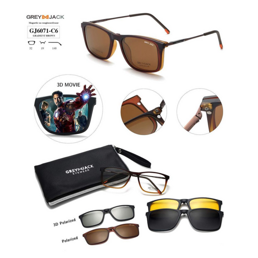 Grey Jack Clip-On Eyewear – 2-in-1 Magnetic Sunglasses | Polarized Lenses | TR90 Frame | GJ6071-C6 | Gradient Brown