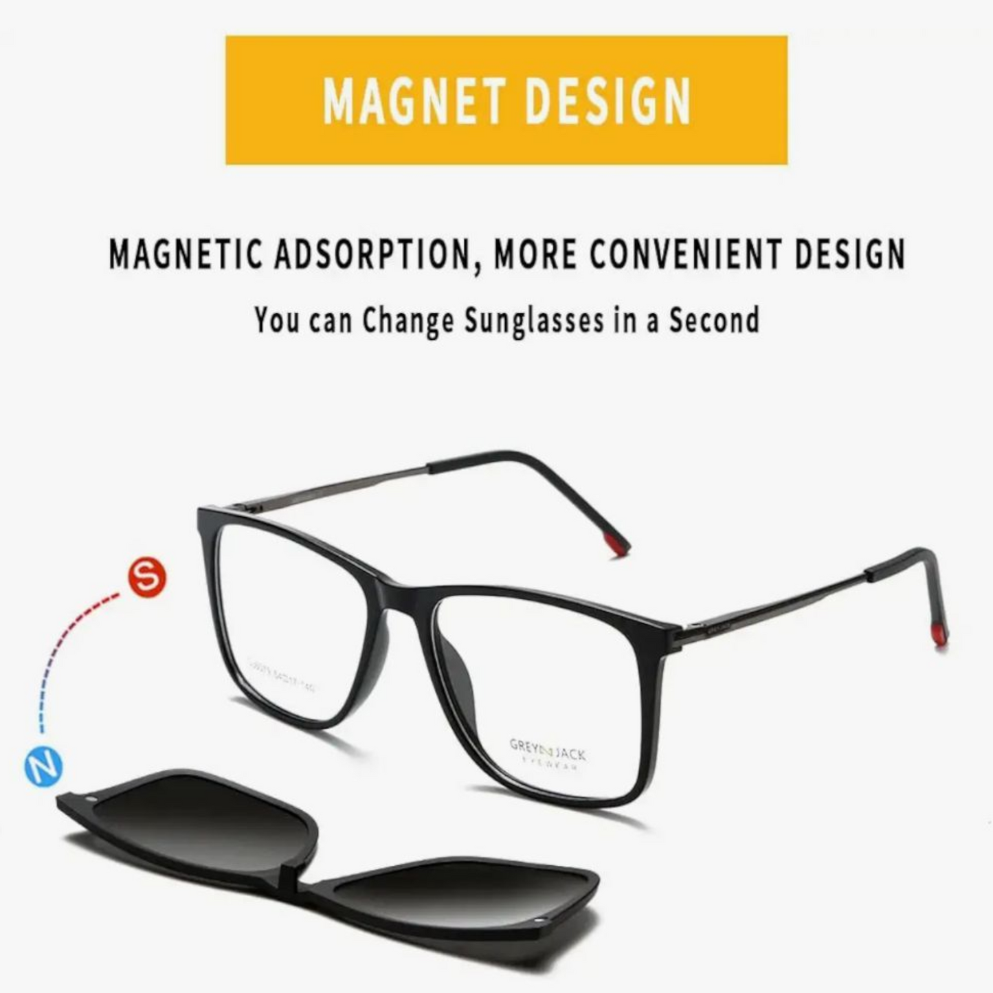 Grey Jack Clip-On Eyewear – 2-in-1 Magnetic Sunglasses | Polarized Lenses | TR90 Frame | GJ6079-C5 | Shine Black(Gold)