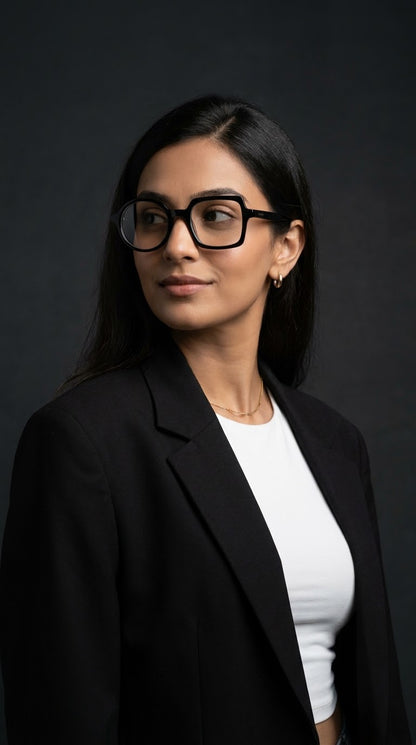 EVORA Asymmetry Premium Acetate Eyeglasses – Glossy Black | Round & Square Frame | Unisex
