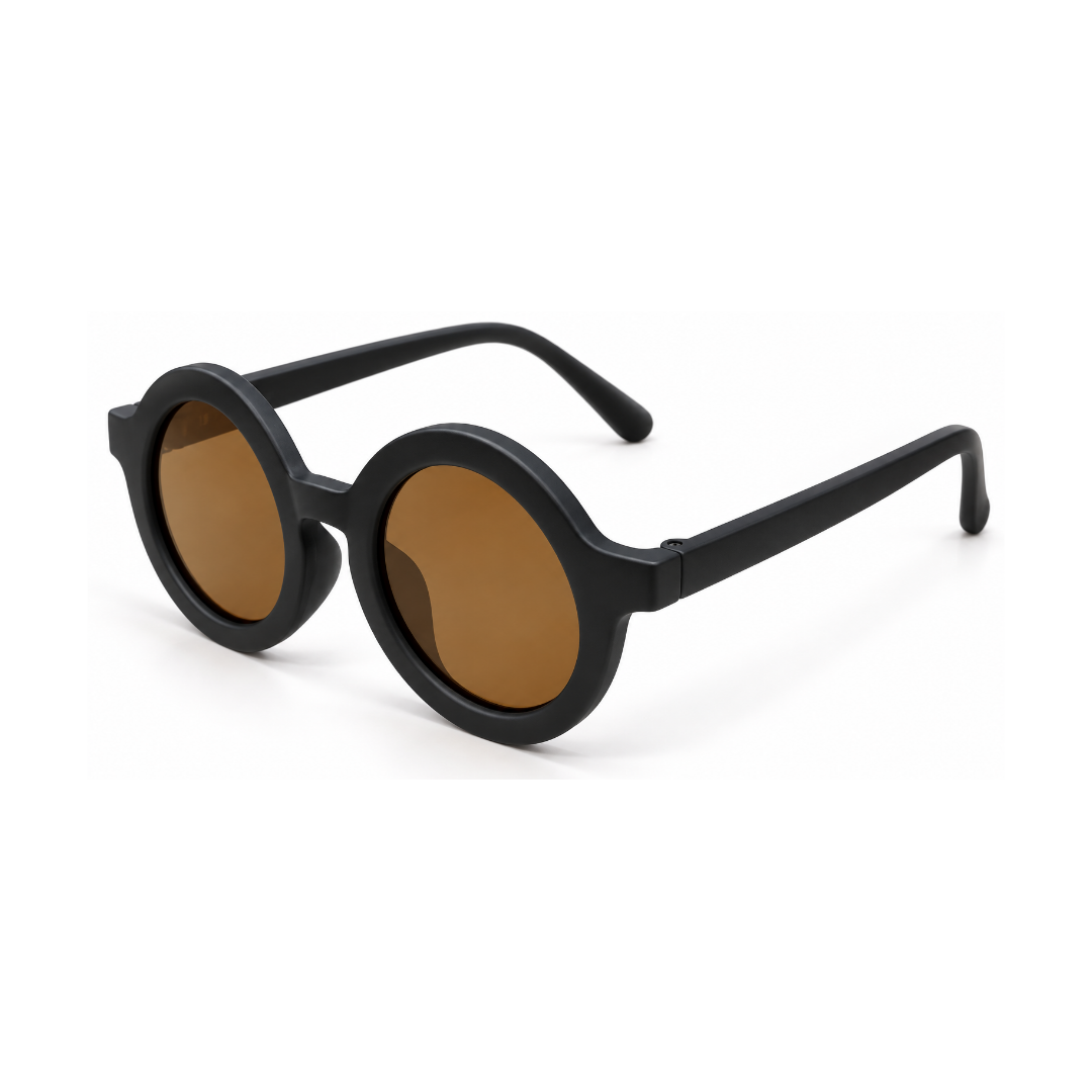 Round black sunglasses with brown lenses, shown at a three-quarter angle on a clean white background.