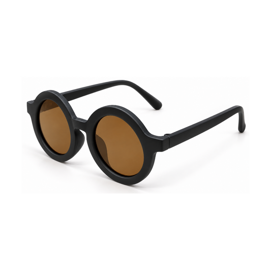 Round black sunglasses with brown lenses, shown at a three-quarter angle on a clean white background.