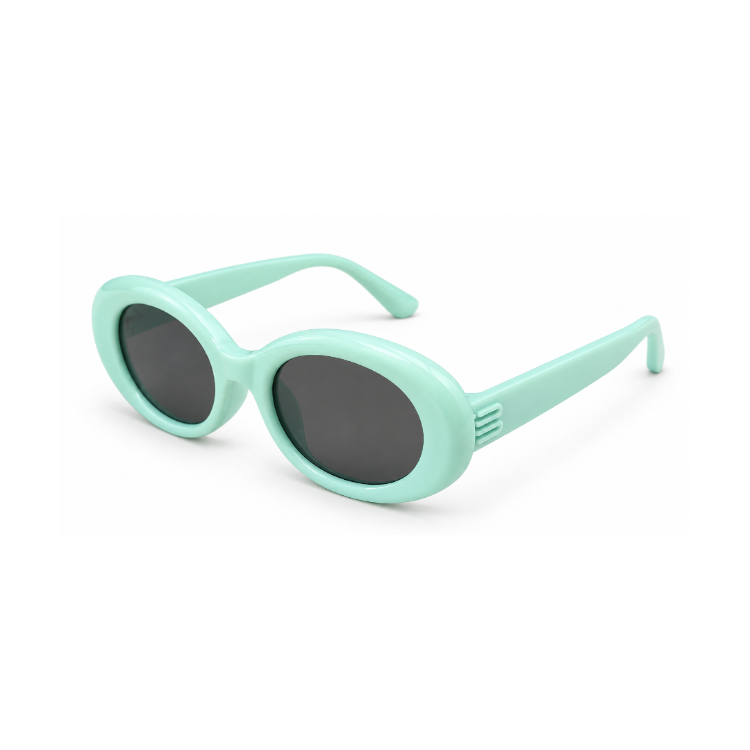 Oval sunglasses with a mint green frame and dark gray lenses, shown on a clean white background.