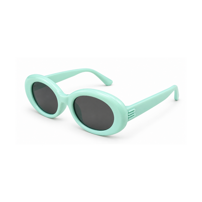 Oval sunglasses with a mint green frame and dark gray lenses, shown on a clean white background.