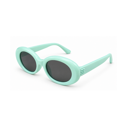 Oval sunglasses with a mint green frame and dark gray lenses, shown on a clean white background.