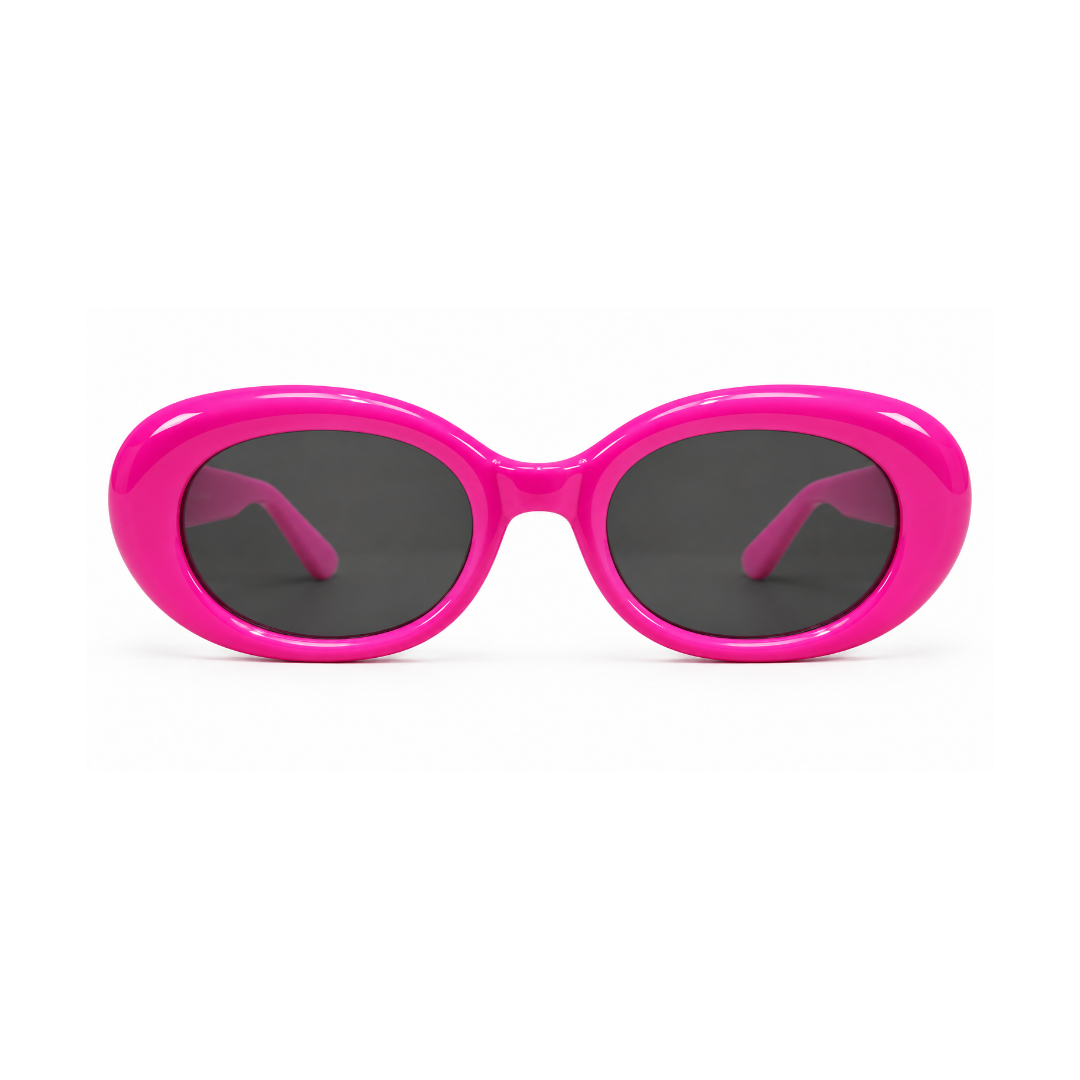 Bright pink oval sunglasses with dark gray lenses, shown against a plain white background.