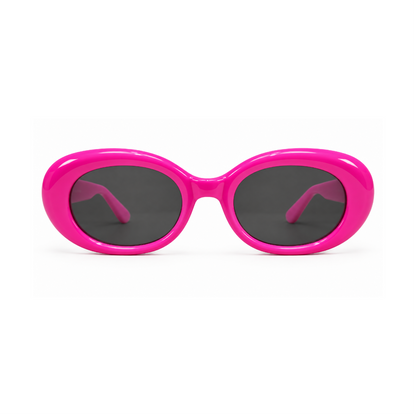 Bright pink oval sunglasses with dark gray lenses, shown against a plain white background.