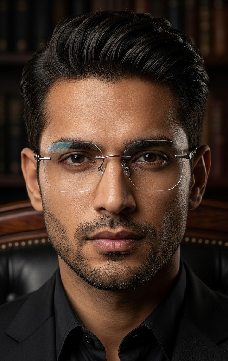 EVORA Elite Executive Rimless Square Eyeglass Frame – Premium Lightweight Metal | Gun Metal