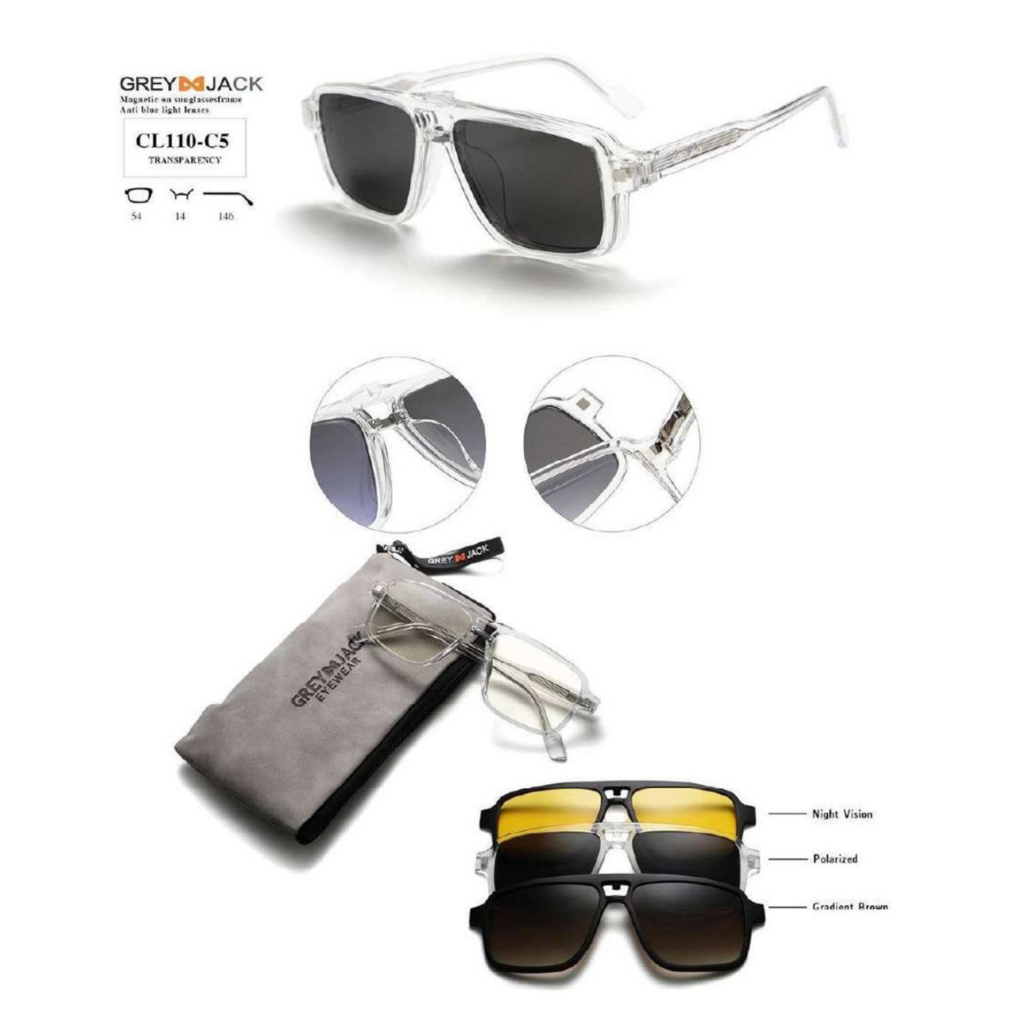 Grey Jack Clip-On Eyewear – 2-in-1 Magnetic Sunglasses | Polarized Lenses | TR90 Frame | CL110-C5 | Transparent