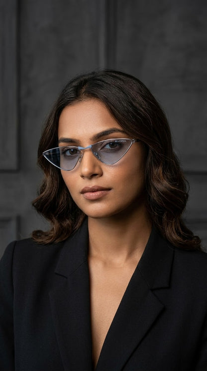 EVORA Azureé Premium Metal Cat-Eye Sunglasses – Silver Frame with Ice Blue Lenses | UV400 Protection