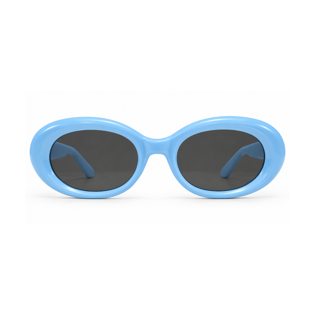 Oval sunglasses with a light blue frame and dark gray lenses, shown against a plain white background.