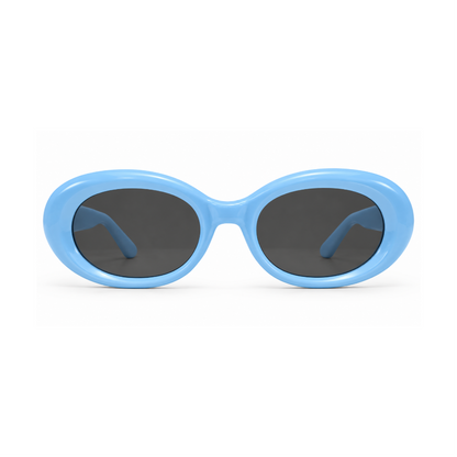 Oval sunglasses with a light blue frame and dark gray lenses, shown against a plain white background.