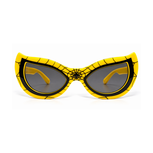 Yellow and black spider-themed cat-eye sunglasses with a web pattern and spider emblem on the bridge, shown against a plain white background.