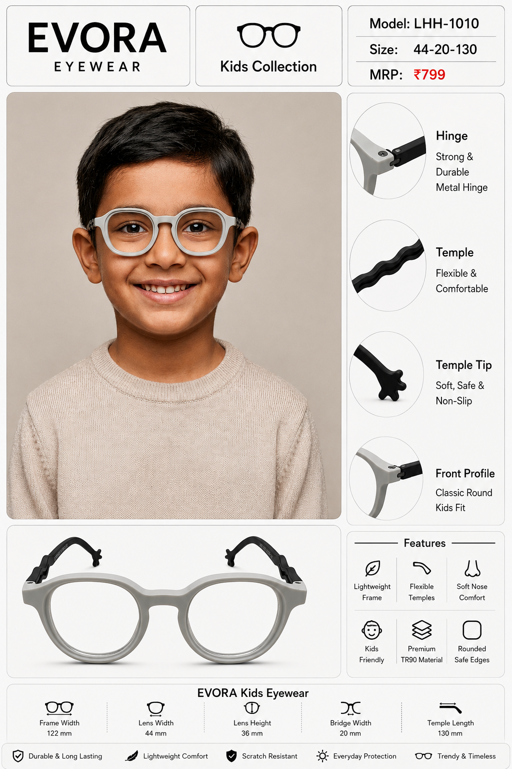 EVORA Kids Flex TR90 Eyeglasses – Pearl Grey & Smoke Black | Model LHH-1010 | 44-20-130