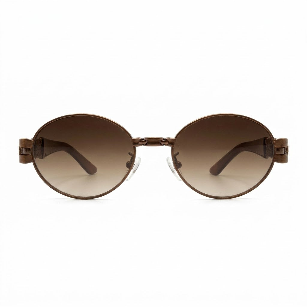 EVORA Luxe Chain Oval Sunglasses for Men & Women | Gold Metal Frame | Brown Gradient UV400 Lens