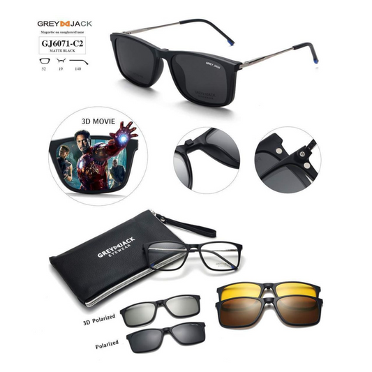 Grey Jack Clip-On Eyewear – 2-in-1 Magnetic Sunglasses | Polarized Lenses | TR90 Frame | GJ6071-C2 | Matte Black
