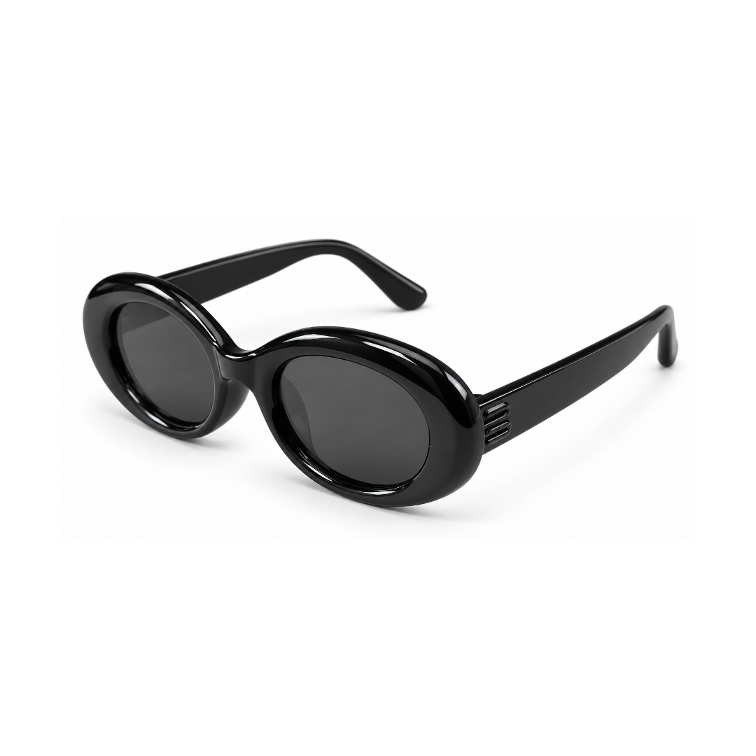Black oval sunglasses with dark lenses and glossy frames, photographed on a clean white background.