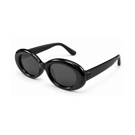 Black oval sunglasses with dark lenses and glossy frames, photographed on a clean white background.