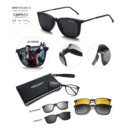 Grey Jack Clip-On Eyewear – 2-in-1 Magnetic Sunglasses | Polarized Lenses | TR90 Frame | GJ6070-C1 | Shine Black