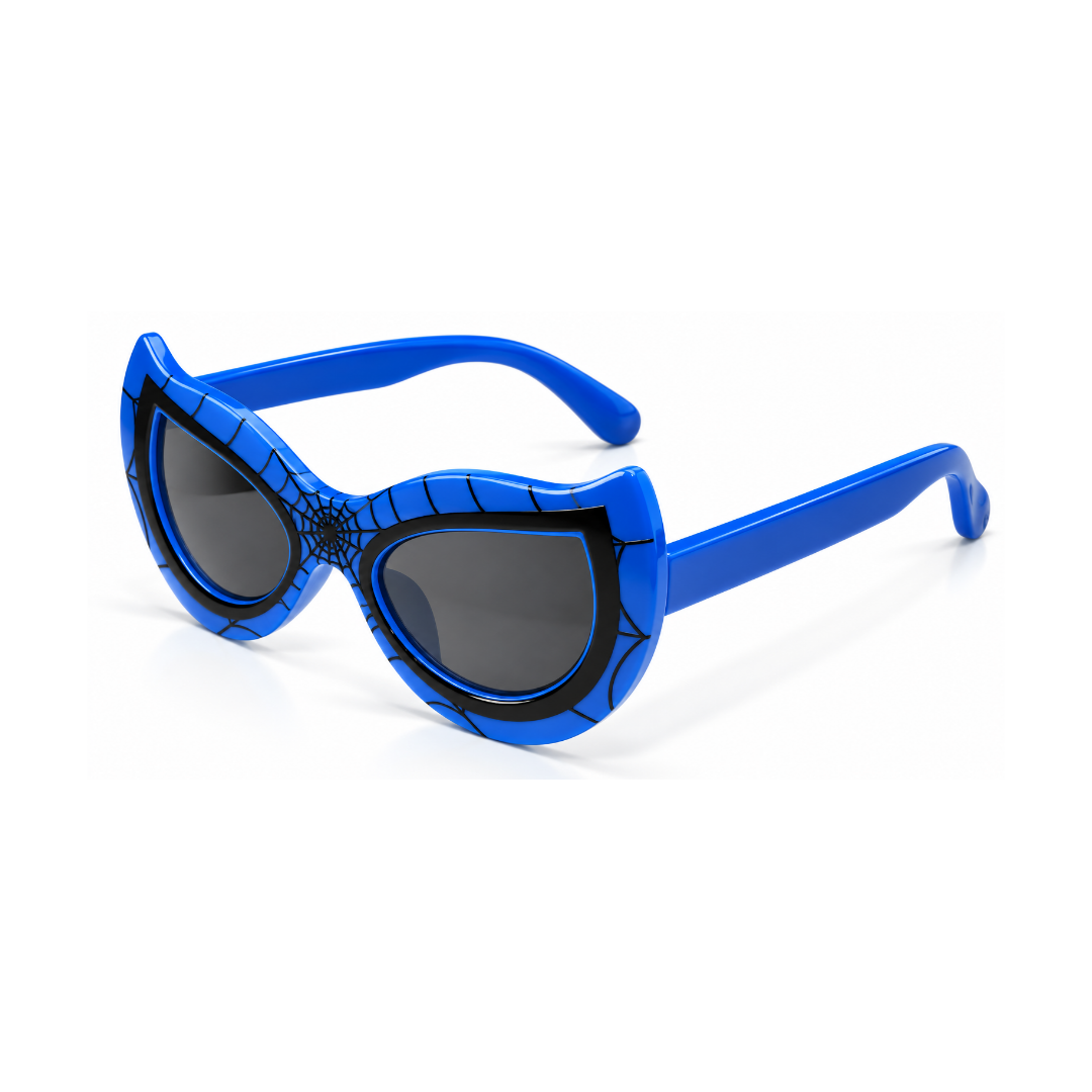 Blue cat-eye sunglasses with a black spiderweb pattern and dark gray lenses, shown on a clean white background.