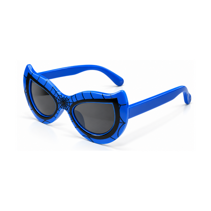 Blue cat-eye sunglasses with a black spiderweb pattern and dark gray lenses, shown on a clean white background.