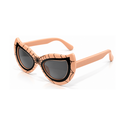 Halloween-themed cat-eye sunglasses with peach-colored frames decorated with black spiderwebs and a spiderweb motif on the bridge, paired with dark lenses.