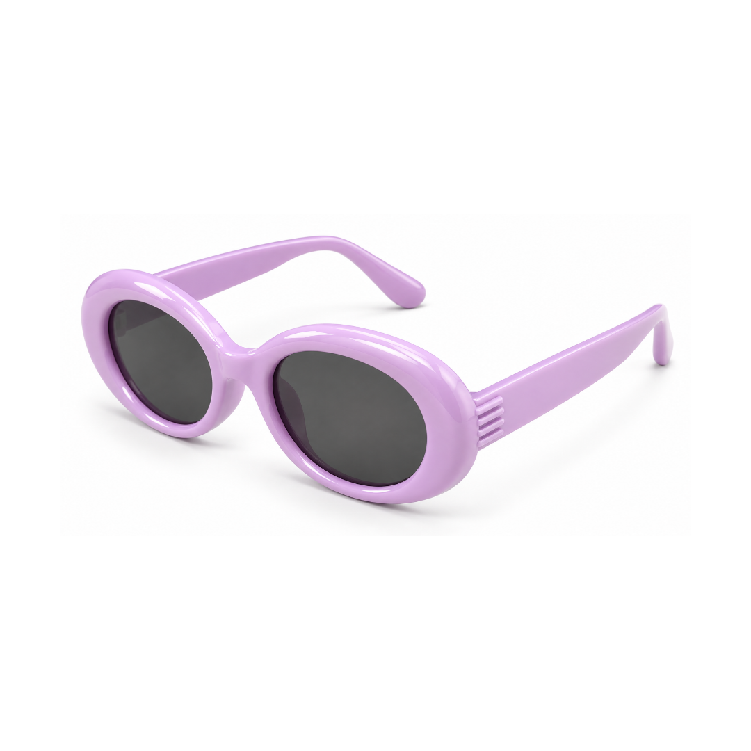 Oval sunglasses with a glossy light purple frame and dark gray lenses, shown on a clean white background.
