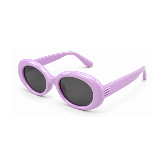 Oval sunglasses with a glossy light purple frame and dark gray lenses, shown on a clean white background.
