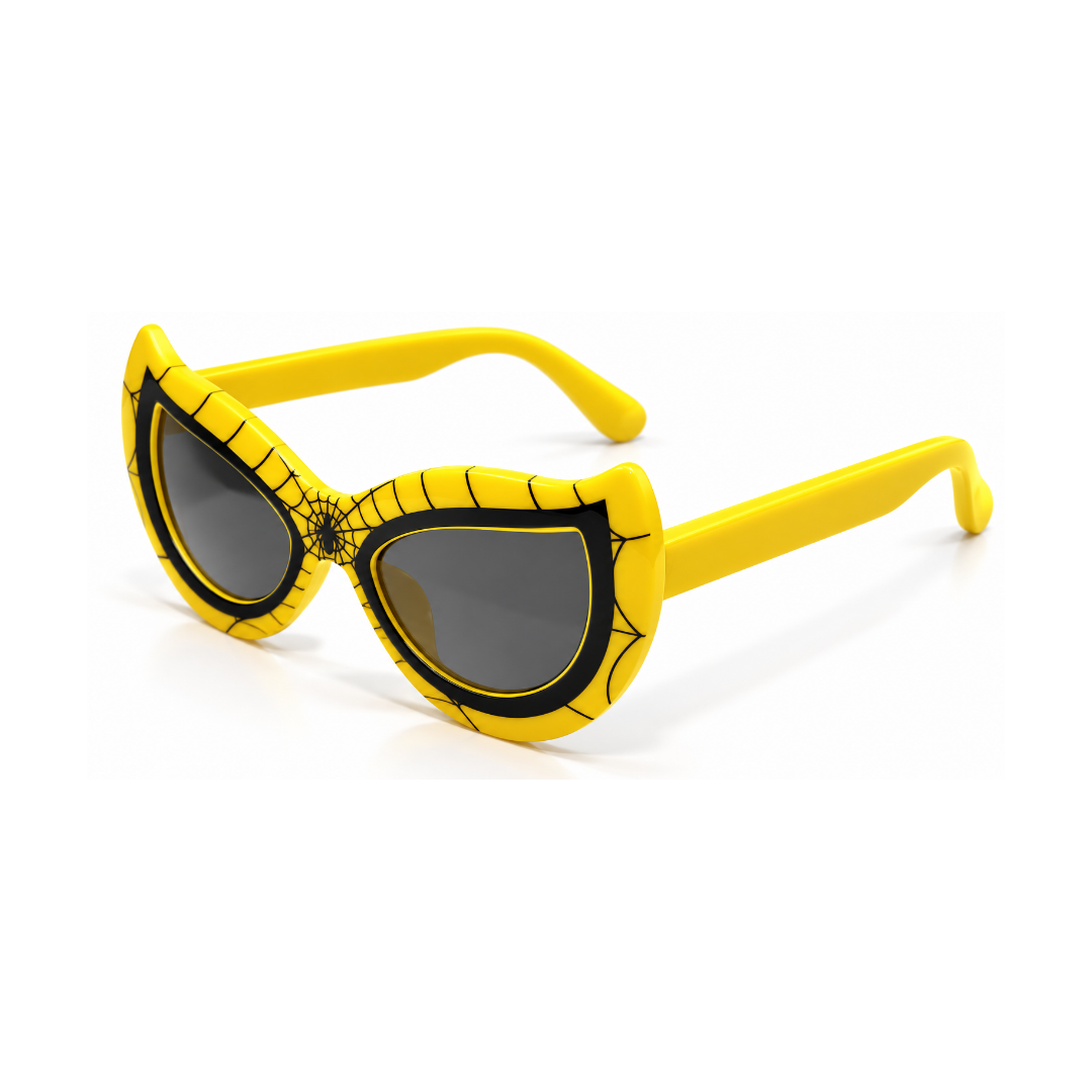 Yellow cat-eye sunglasses with a black spiderweb pattern and dark gray lenses, shown on a clean white background.