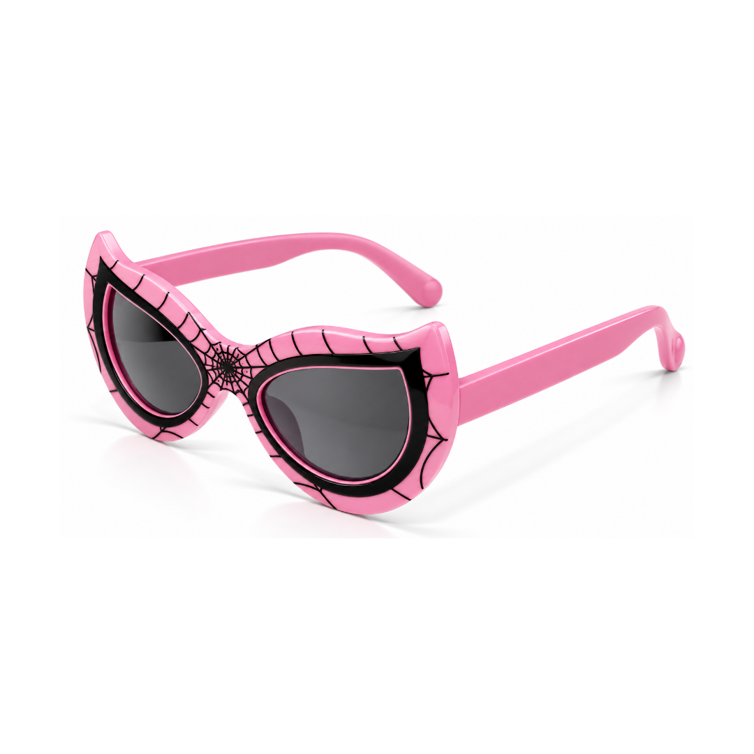 Pink cat-eye sunglasses with black spiderweb line details and dark gray lenses, shown on a clean white background.